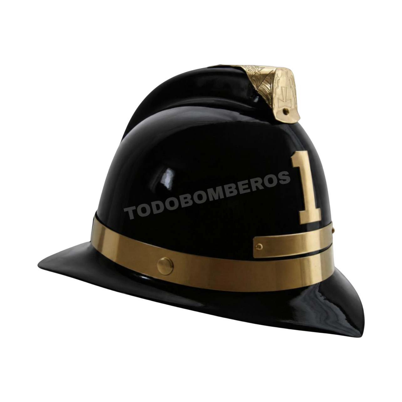 Casco de gala para bombero negro brillante con banda dorada y número 1 dorado