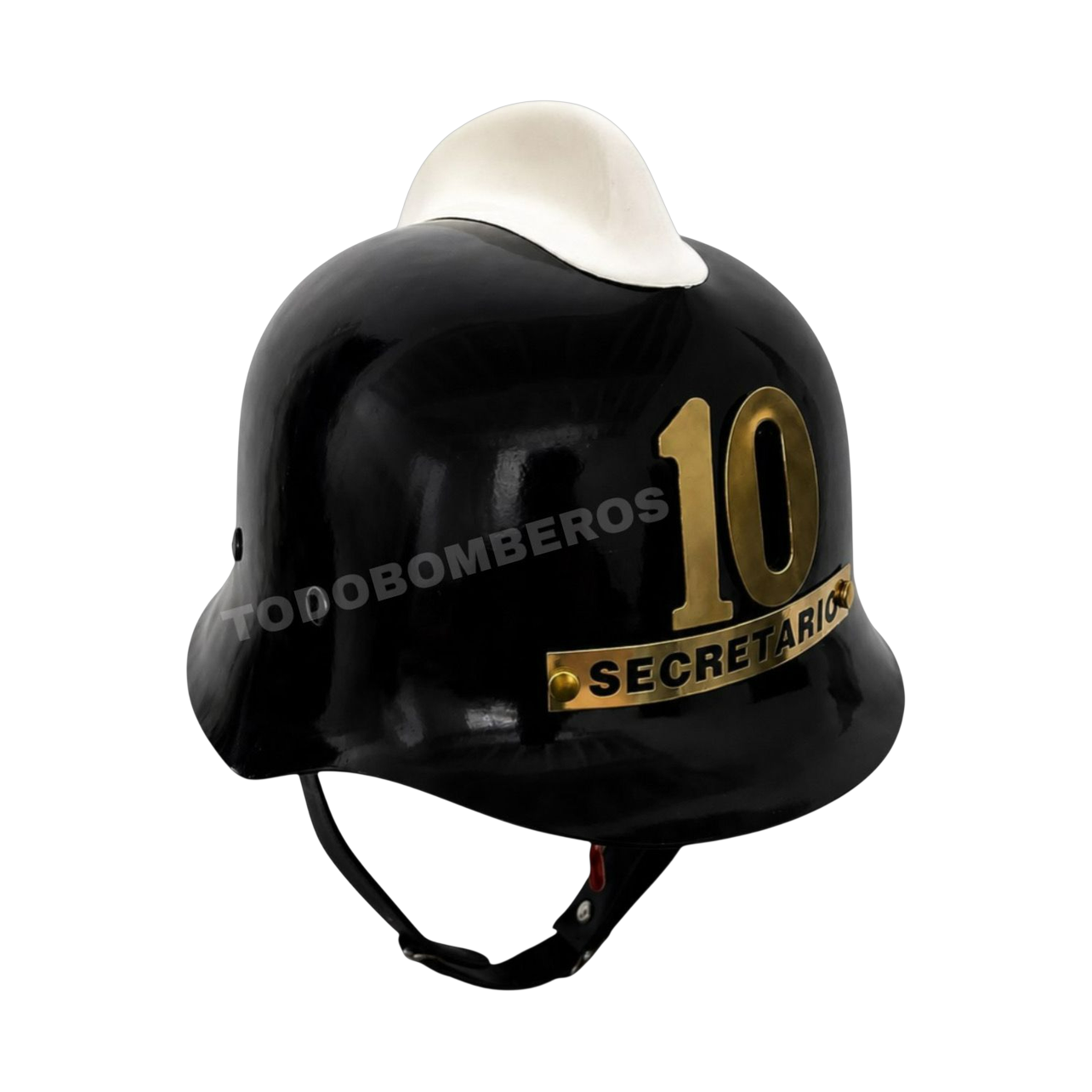 Casco de gala para bombero negro con cimera blanca, banda dorada y número 10 con cargo en placa dorada