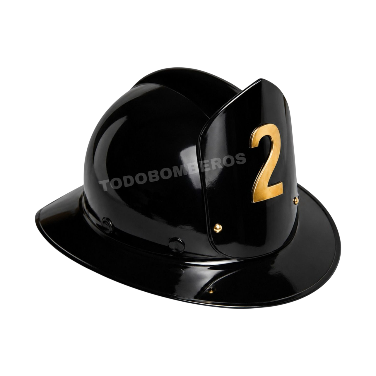 Casco de gala para bombero negro brillante con número 2 dorado en el frontal