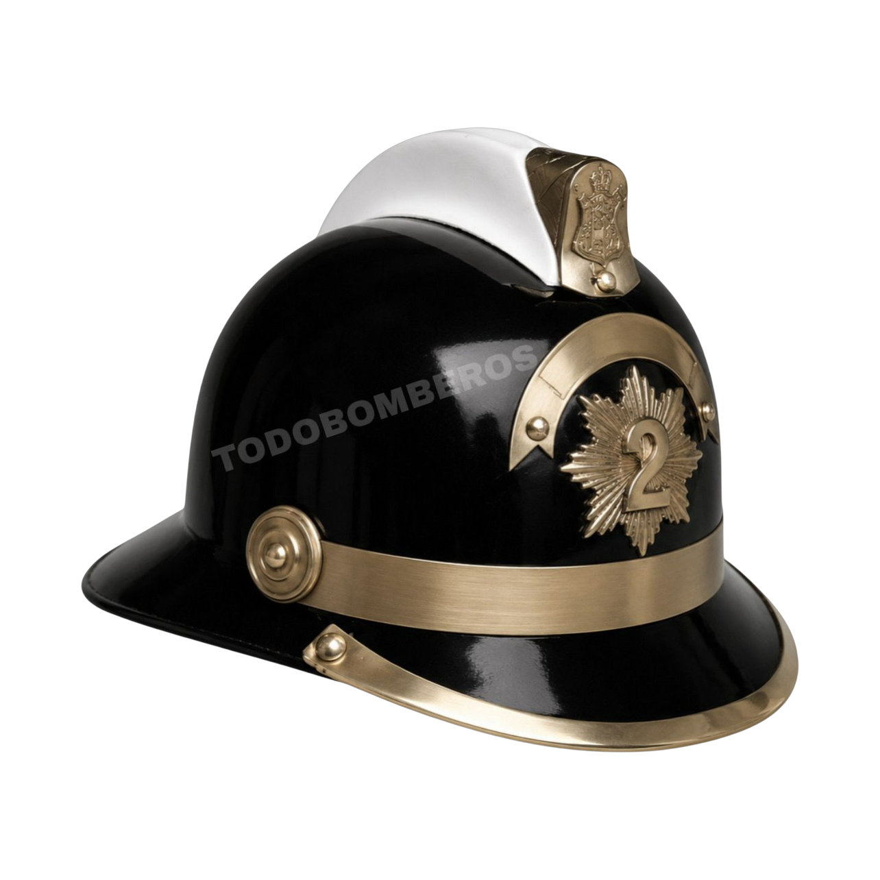 Casco de gala para bombero negro con cimera blanca, escudo y número 2 dorados y banda dorada