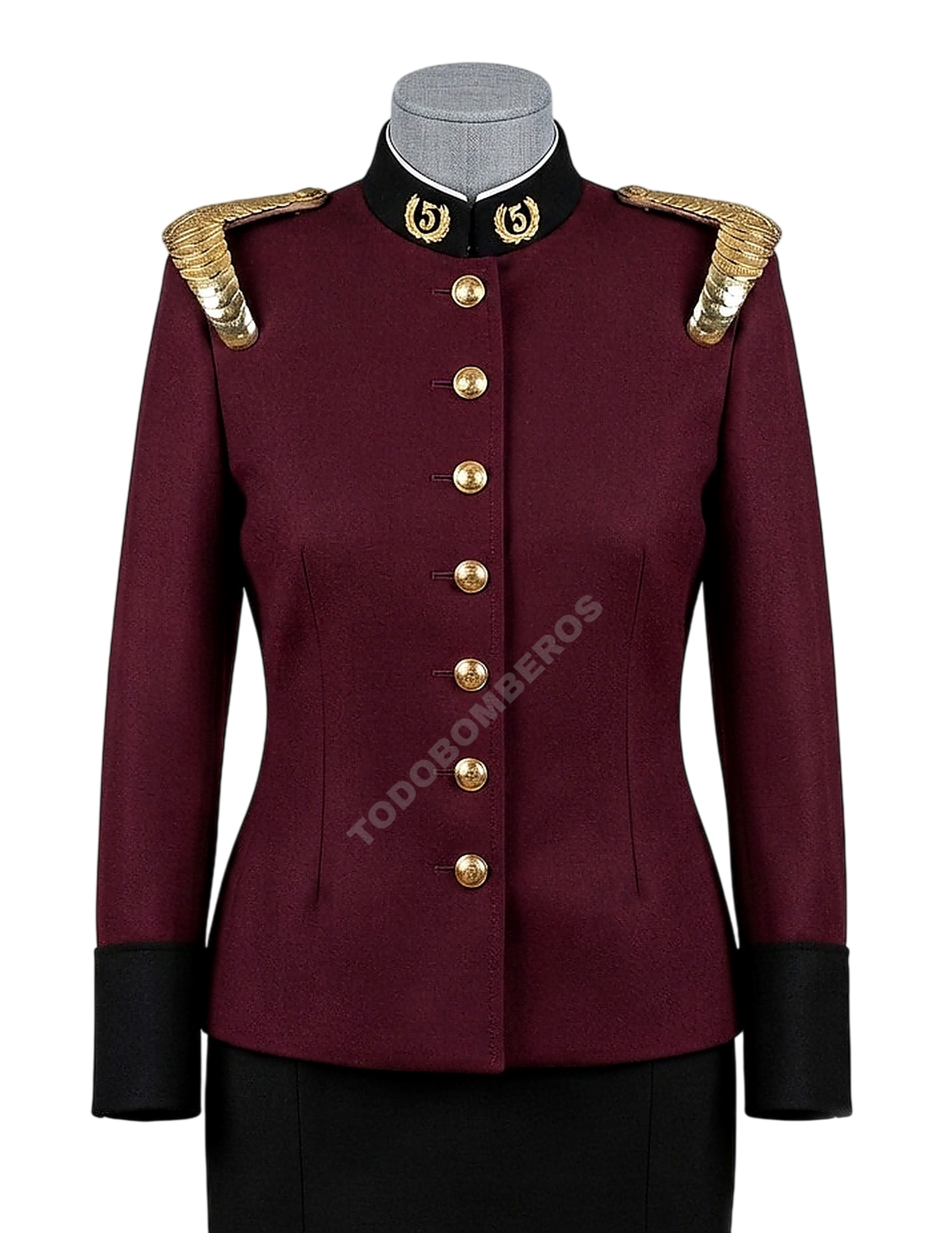 Chaqueta de gala burdeo para bombera con charreteras doradas y botones dorados