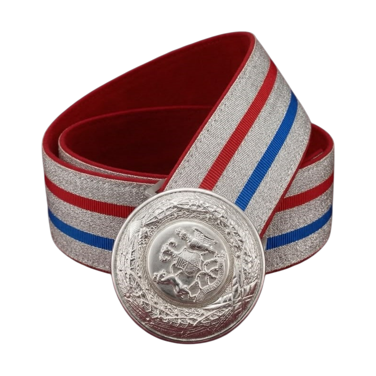 Cinturón de gala para bombero en seda tricolor rojo, blanco y azul con hebilla circular plateada