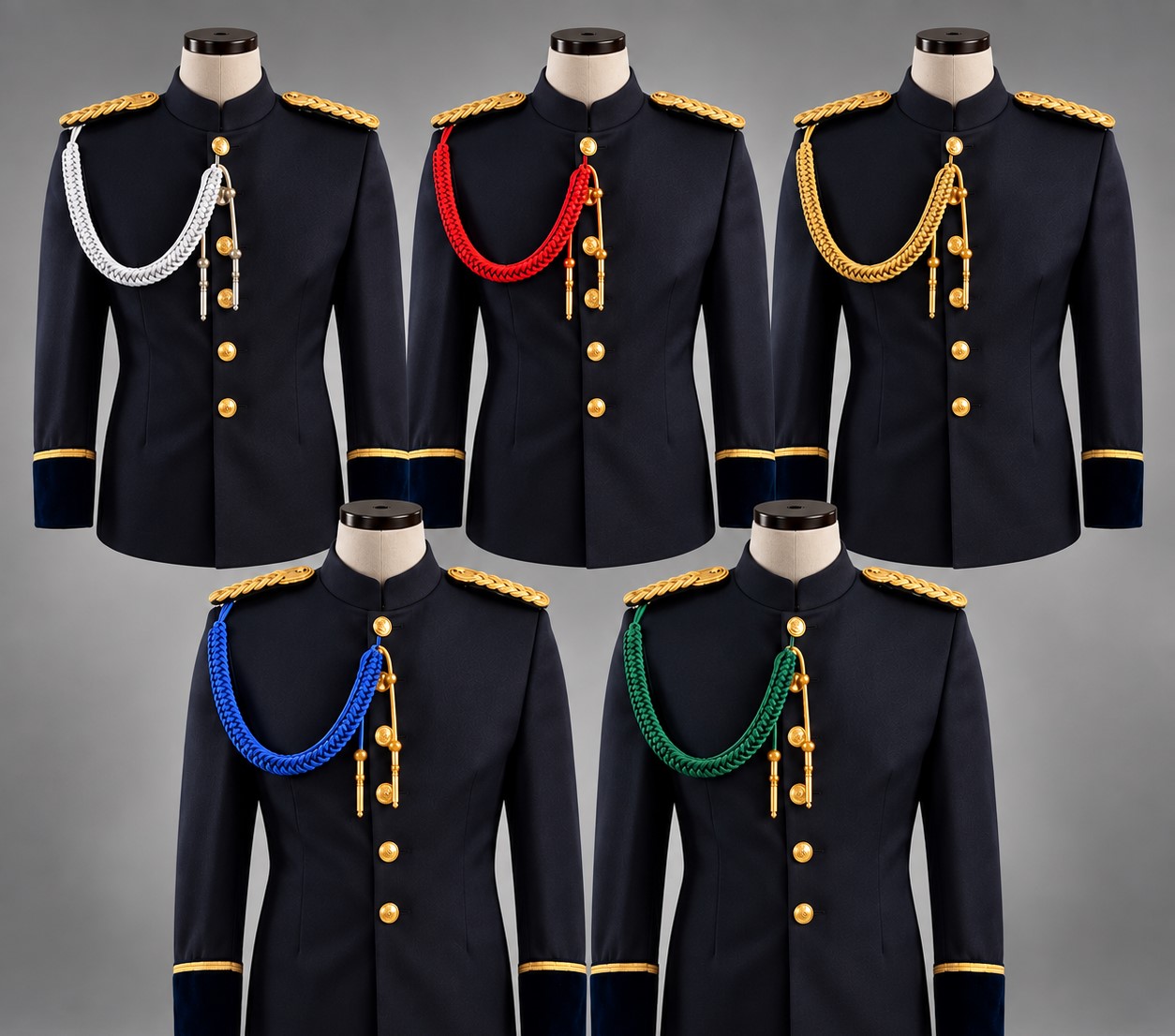 Cordones de ayudante blanco, rojo, dorado, azul y verde sobre guerreras de gala azul marino