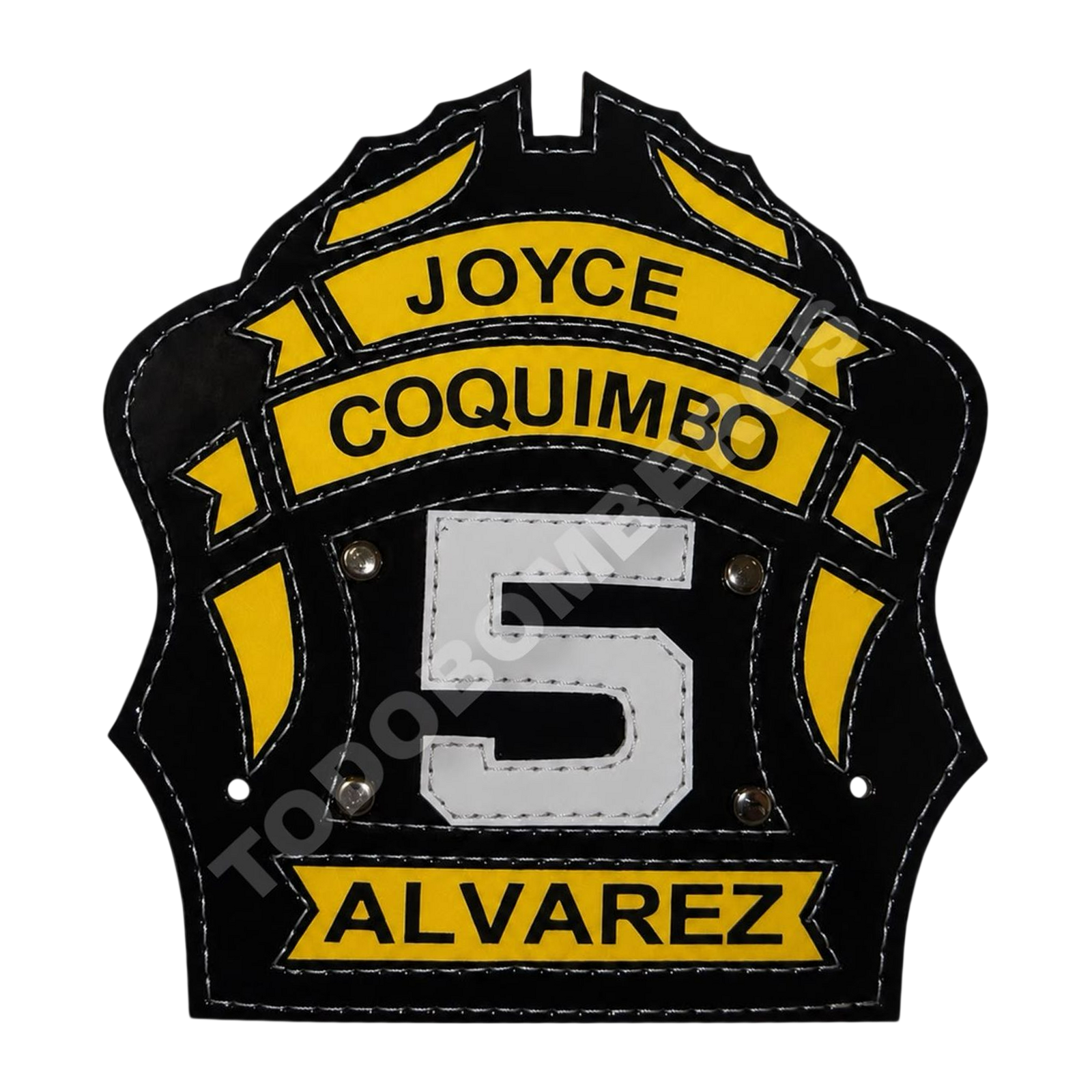 Cucarda de cuero negra con detalles amarillos para casco de bombero, número 5 y nombre de compañía personalizado