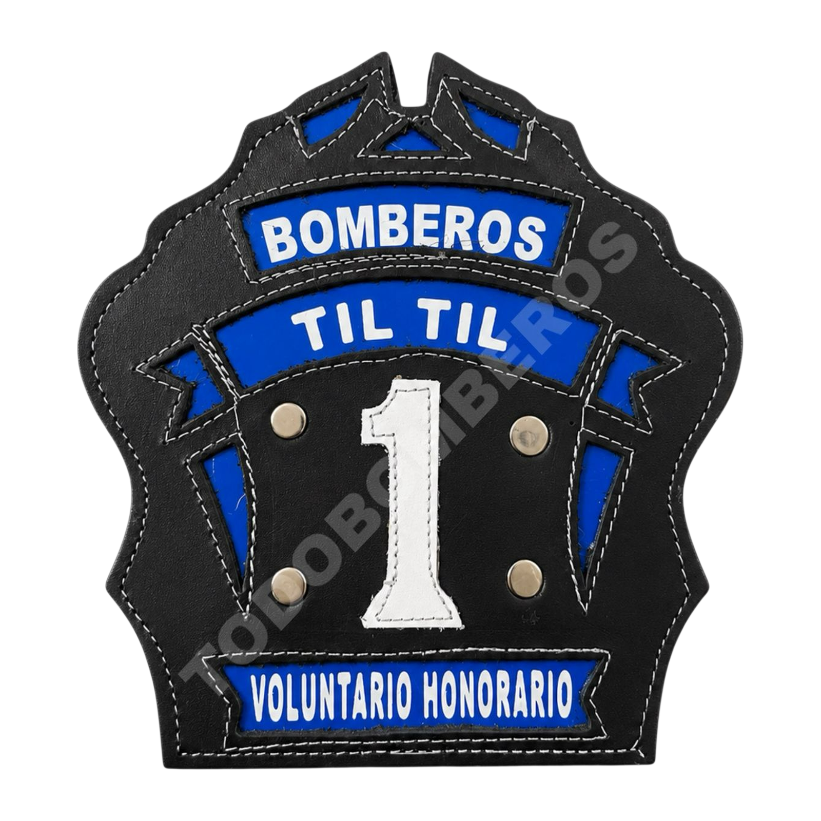 Cucarda de cuero negra con detalles azules para casco de bombero, número 1 y cargo Voluntario Honorario