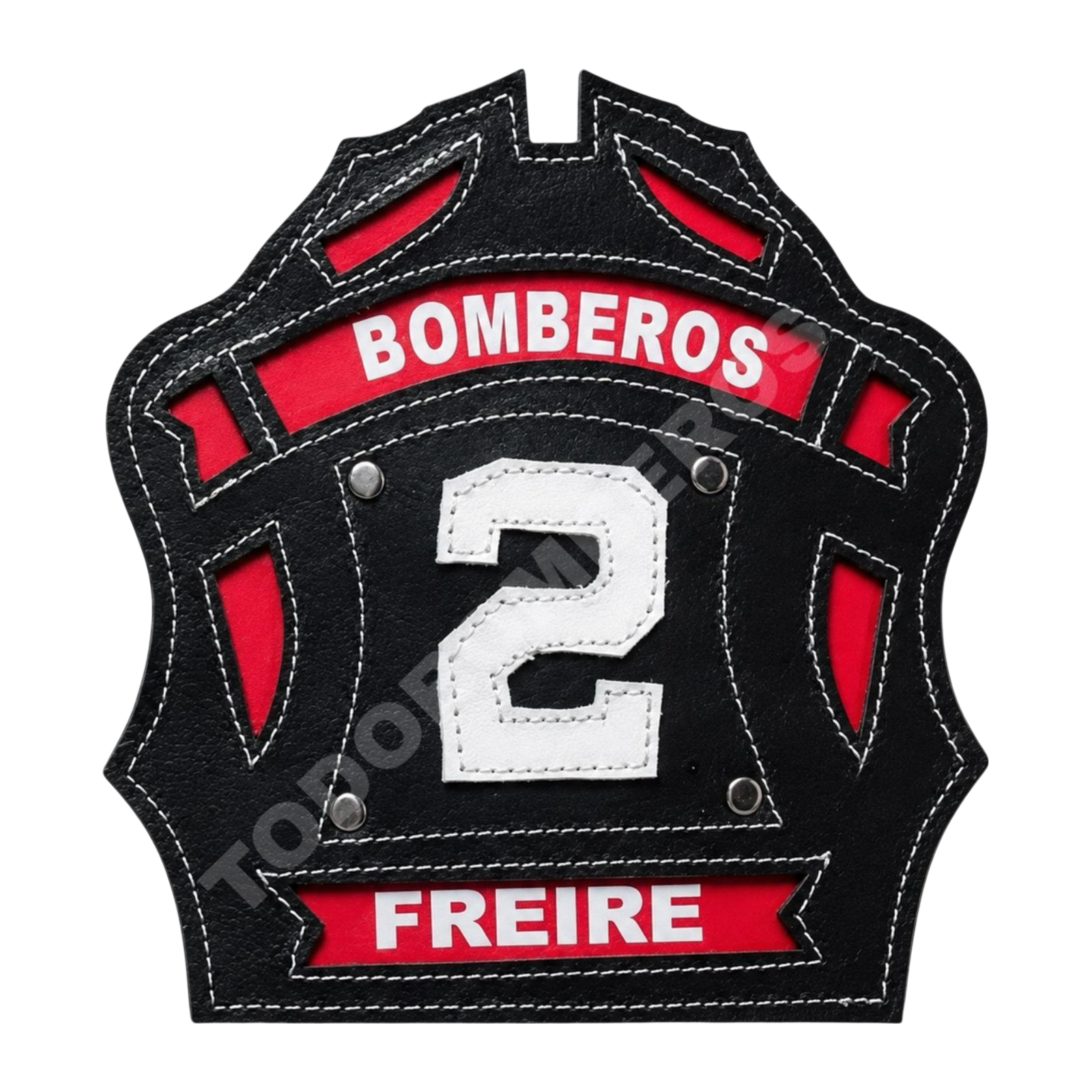 Cucarda de cuero negra con detalles rojos para casco de bombero, número 2 y nombre personalizado