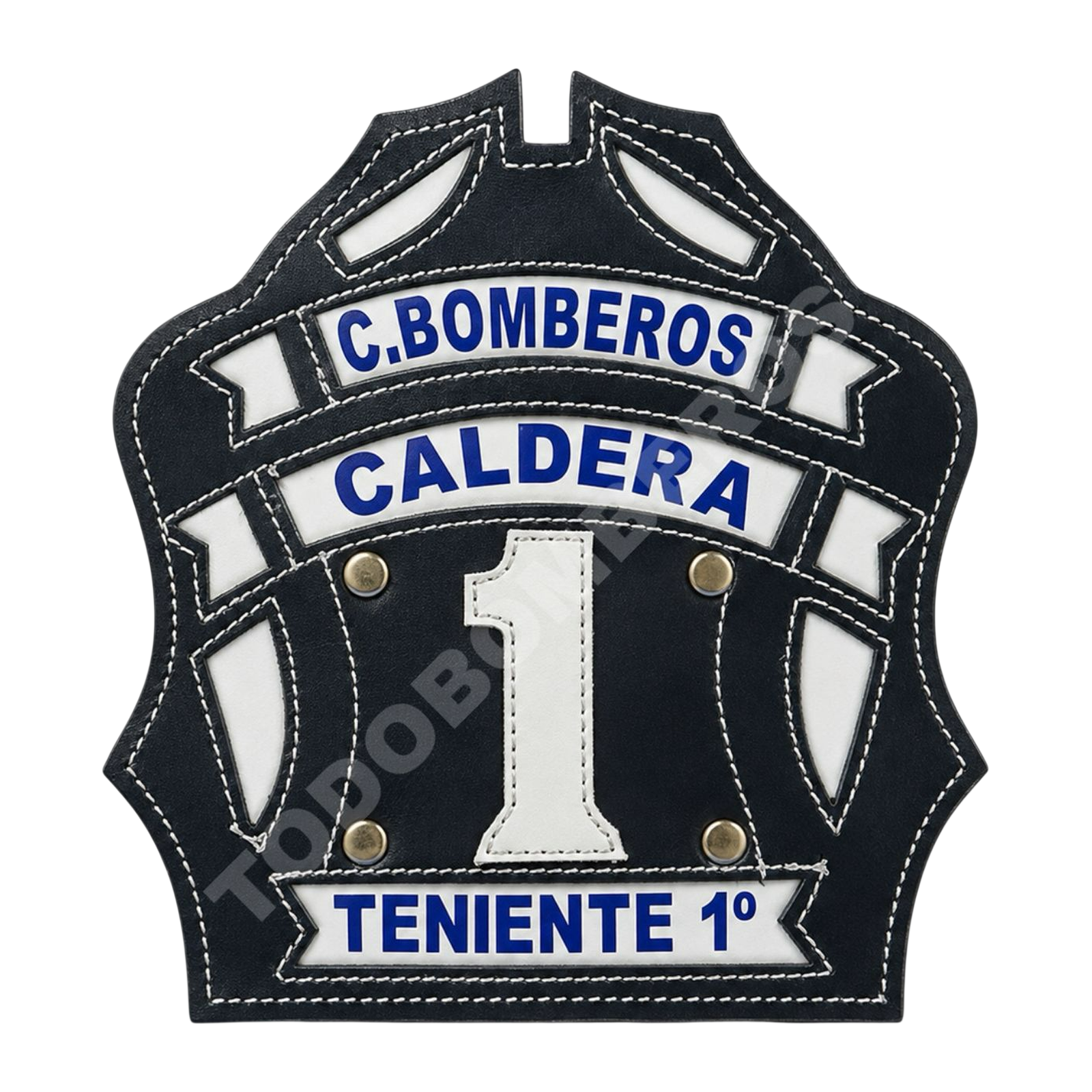 Cucarda de cuero azul marino con detalles blancos para casco de bombero, número 1 y cargo Teniente 1°