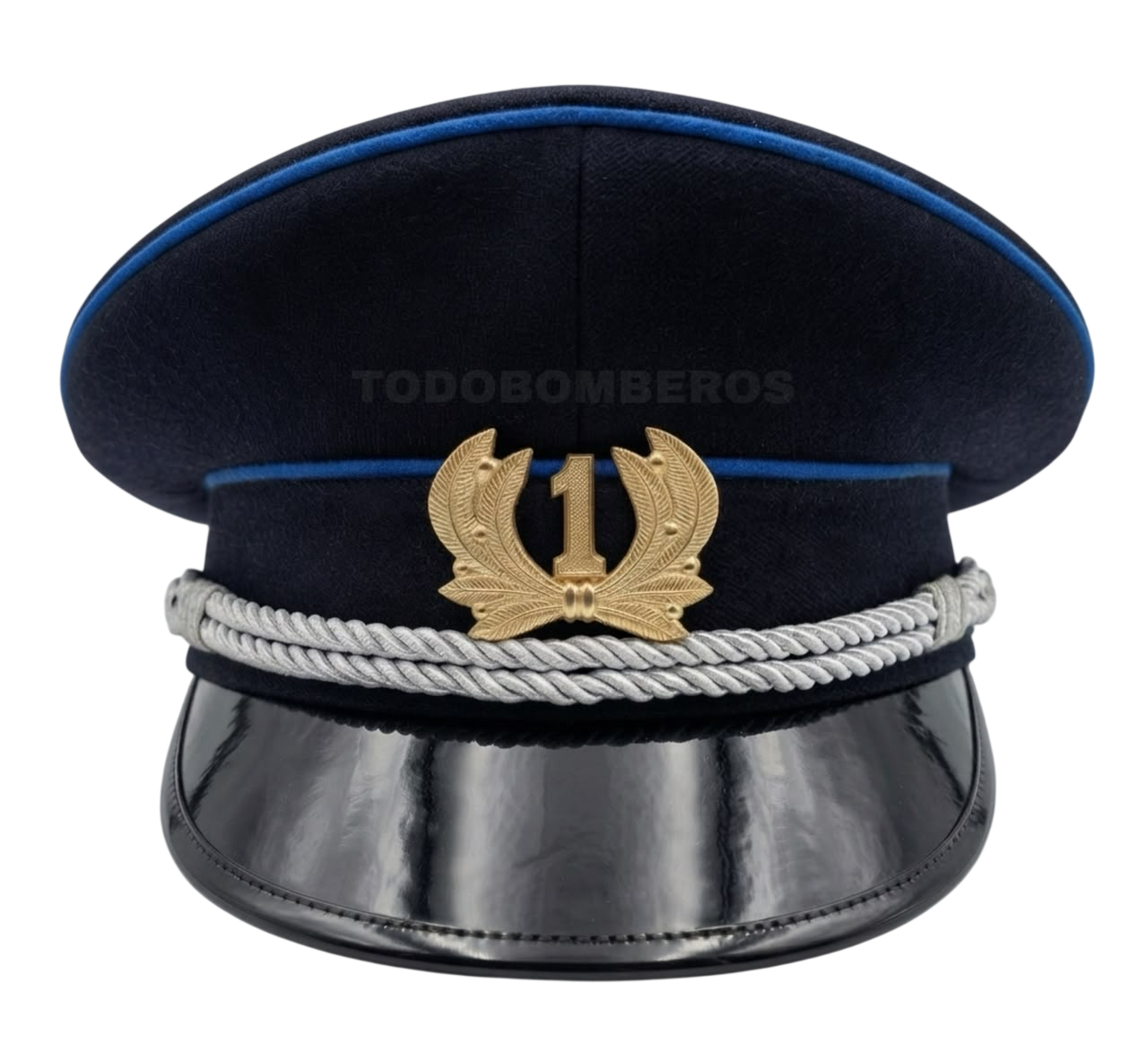 Gorra de gala para bombero en paño de lana azul marino con vivo azul, laurel dorado con número 1 y cordón plateado