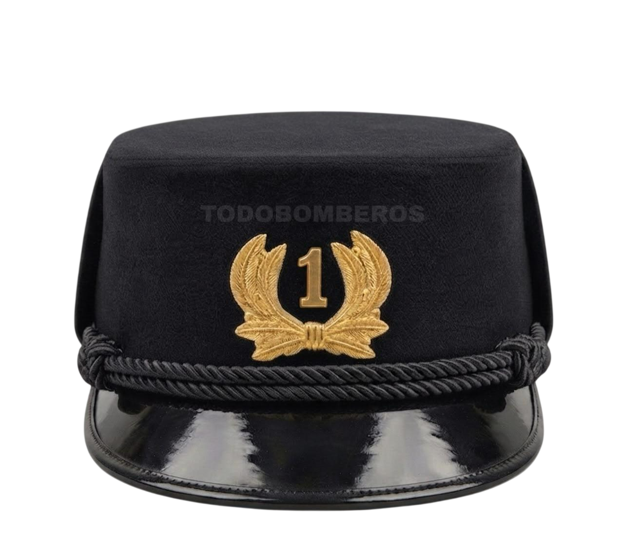 Gorra institucional de bombero en paño de lana negro con laurel dorado, número 1, cordón negro y visera de charol