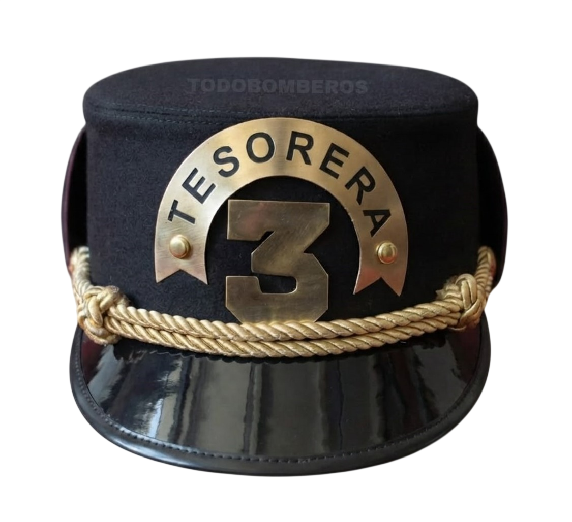 Gorra de tesorera para bombera en paño de lana negro con placa dorada Tesorera, número 3 y cordón dorado
