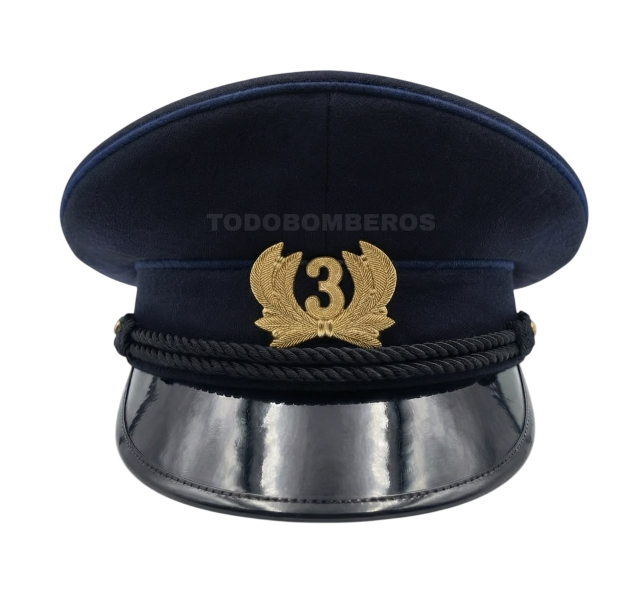 Gorra de gala para bombero en paño de lana azul marino con número 3 dorado, cordón plateado y visera de charol