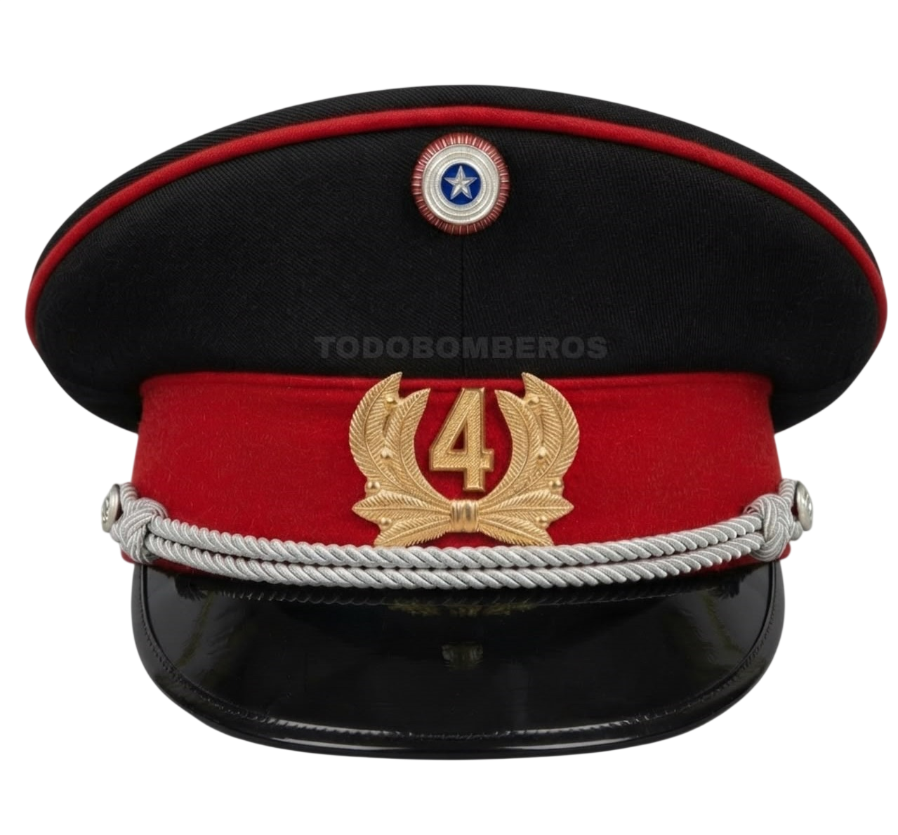 Gorra de gala para bombero en paño de lana negro con vivo y frente rojos, número 4 dorado y cordón plateado
