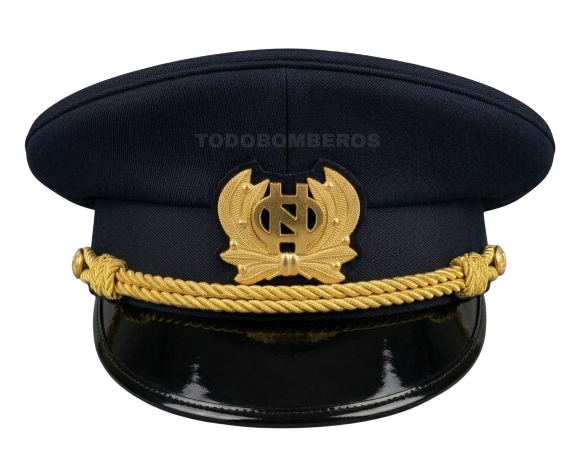 Gorra de oficial de bomberos en paño de lana azul marino con emblema dorado, cordón dorado y visera de charol