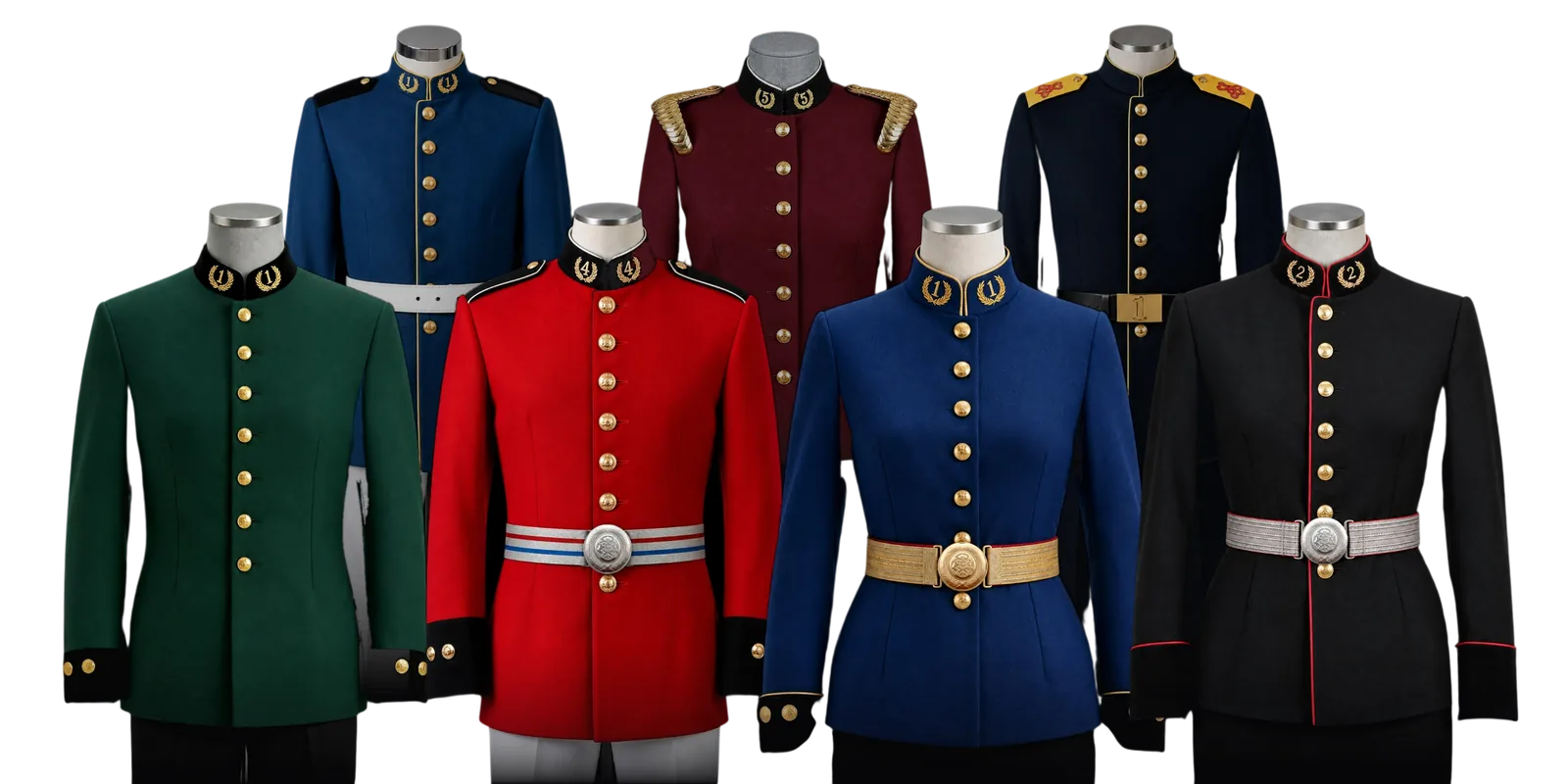 Uniformes de gala para bomberos en azul, rojo, verde, burdeo y negro con botones dorados
