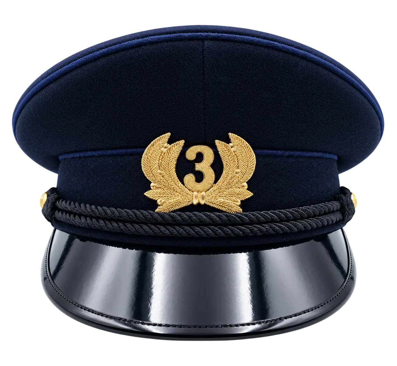 Gorra de gala para bombero en paño de lana azul marino con laurel dorado y número 3