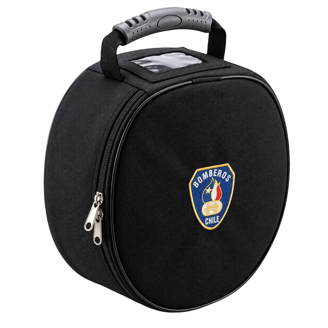 Estuche portagorra negro con asa y escudo de bomberos para gorras institucionales