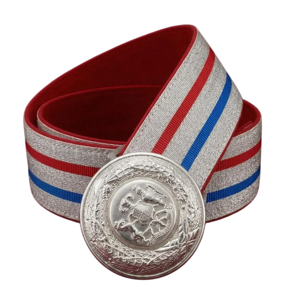 Cinturón de gala para bombero en seda tricolor con hebilla circular plateada
