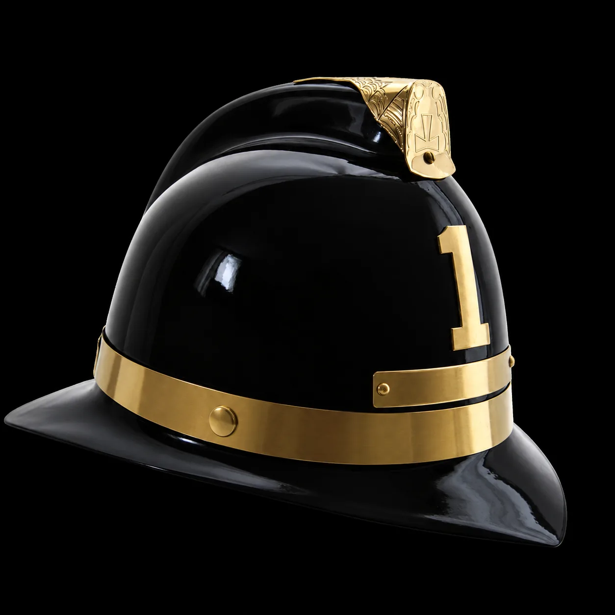 Casco de gala para bombero negro brillante con banda dorada y número 1