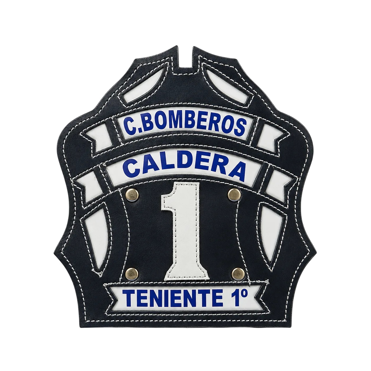 Cucarda de cuero para casco de bombero con número 1 y cargo Teniente 1°