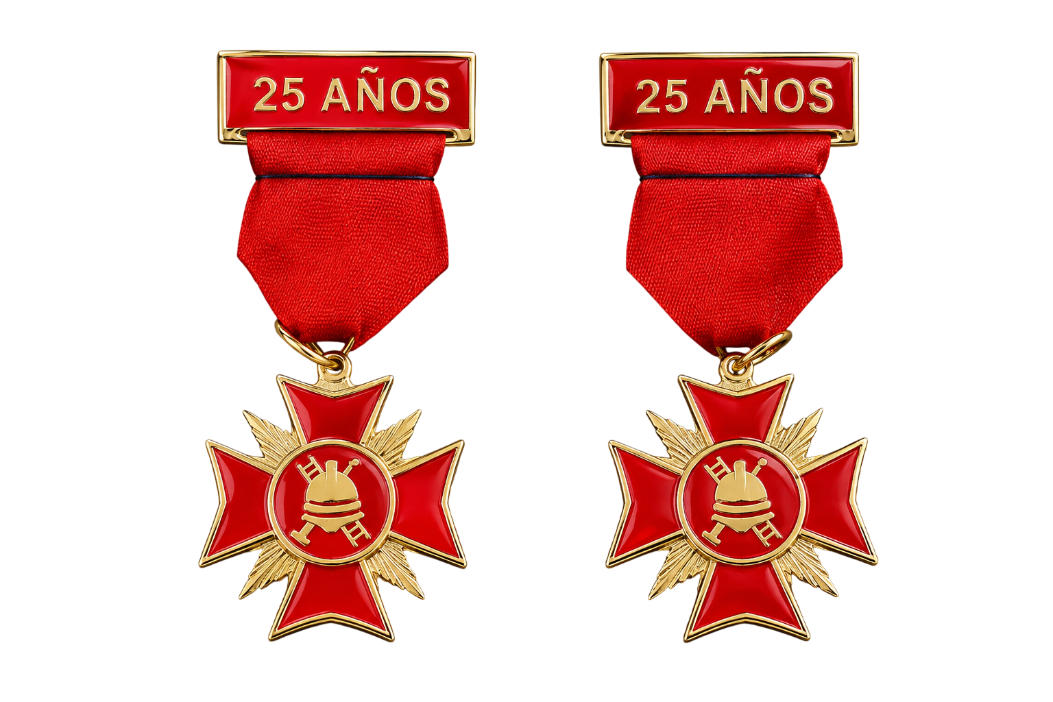 Medallas de reconocimiento para bomberos con cinta roja y cruz de Malta, 25 años de servicio