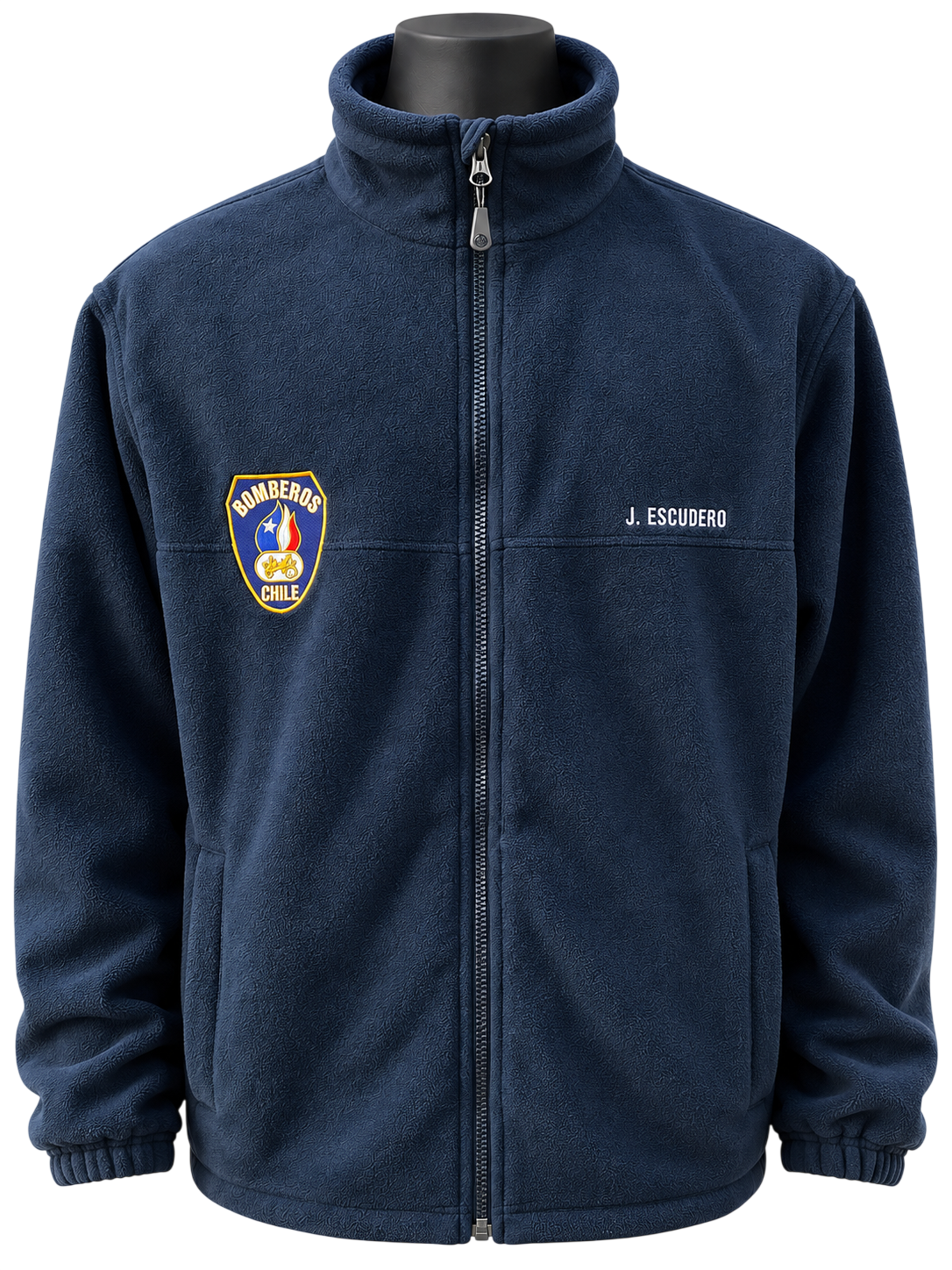 Chaqueta micropolar azul con cierre y escudo bordado para bomberos