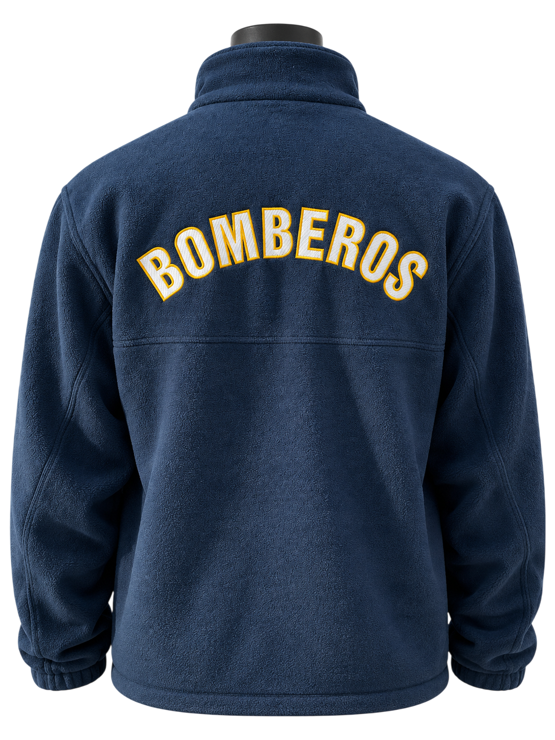 Chaqueta micropolar azul con la palabra BOMBEROS bordada en la espalda