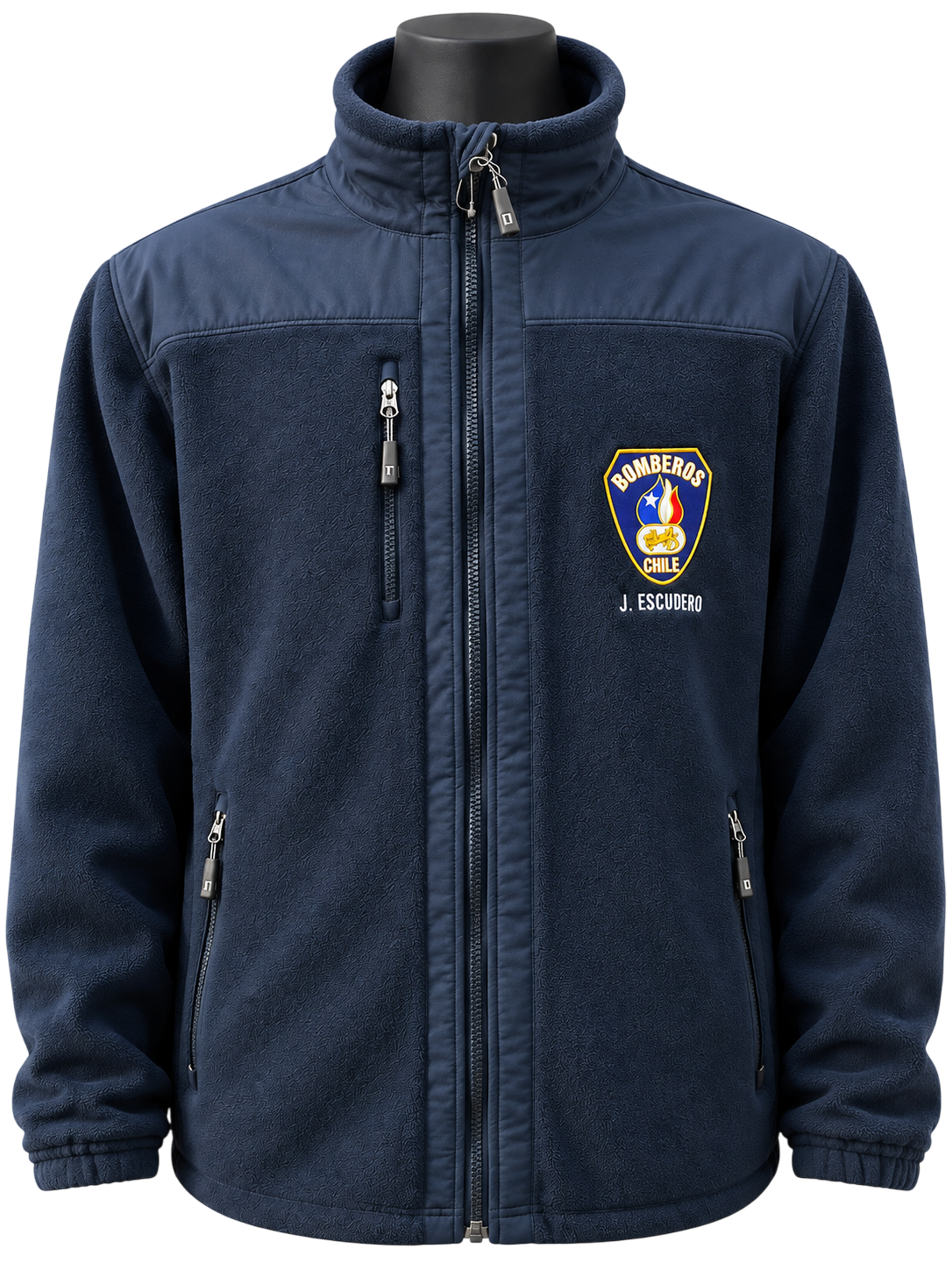 Chaqueta micropolar azul de tela plana con bolsillos con cierre y escudo bordado para bomberos