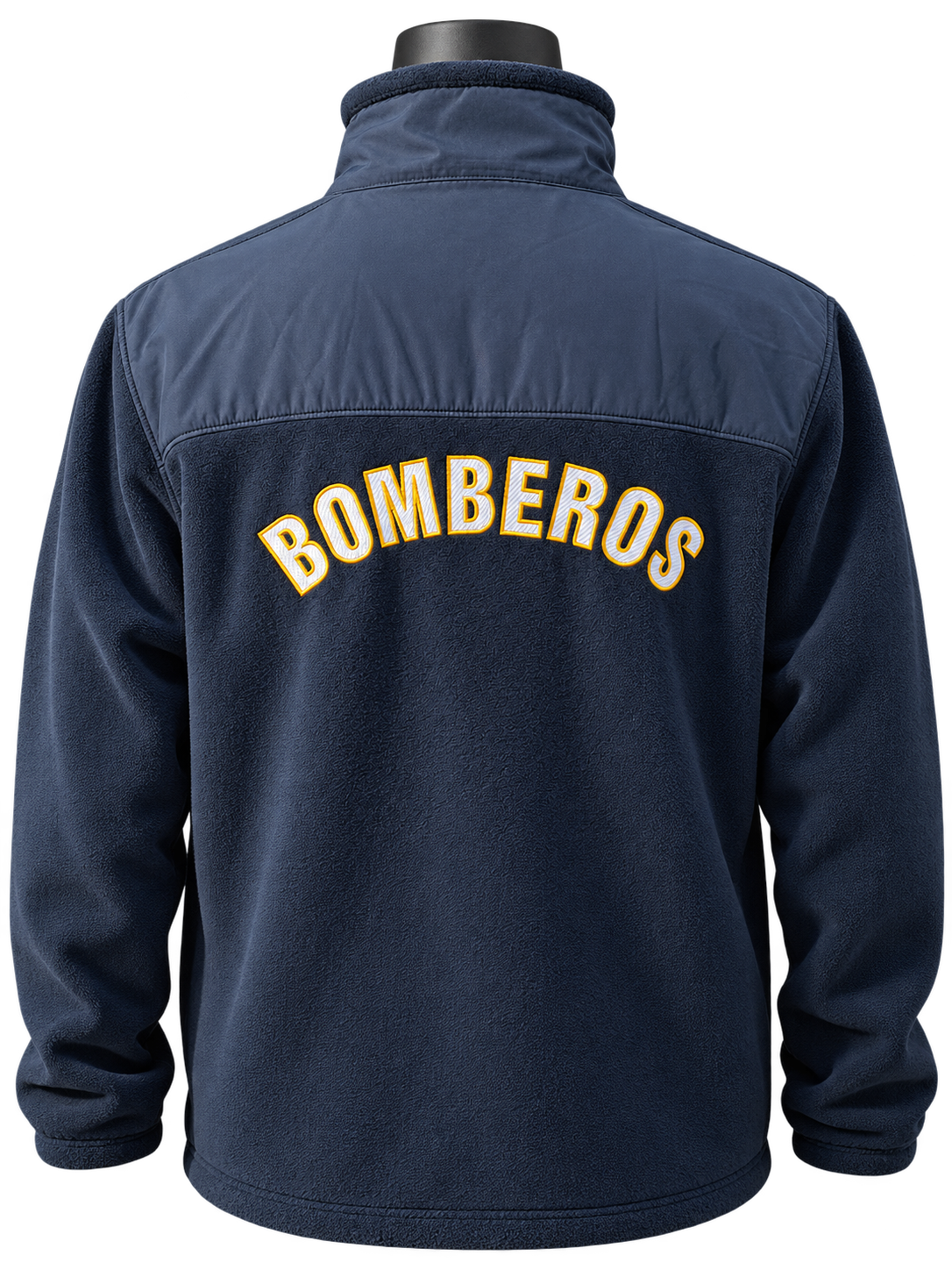 Chaqueta micropolar azul de tela plana con la palabra BOMBEROS bordada en la espalda