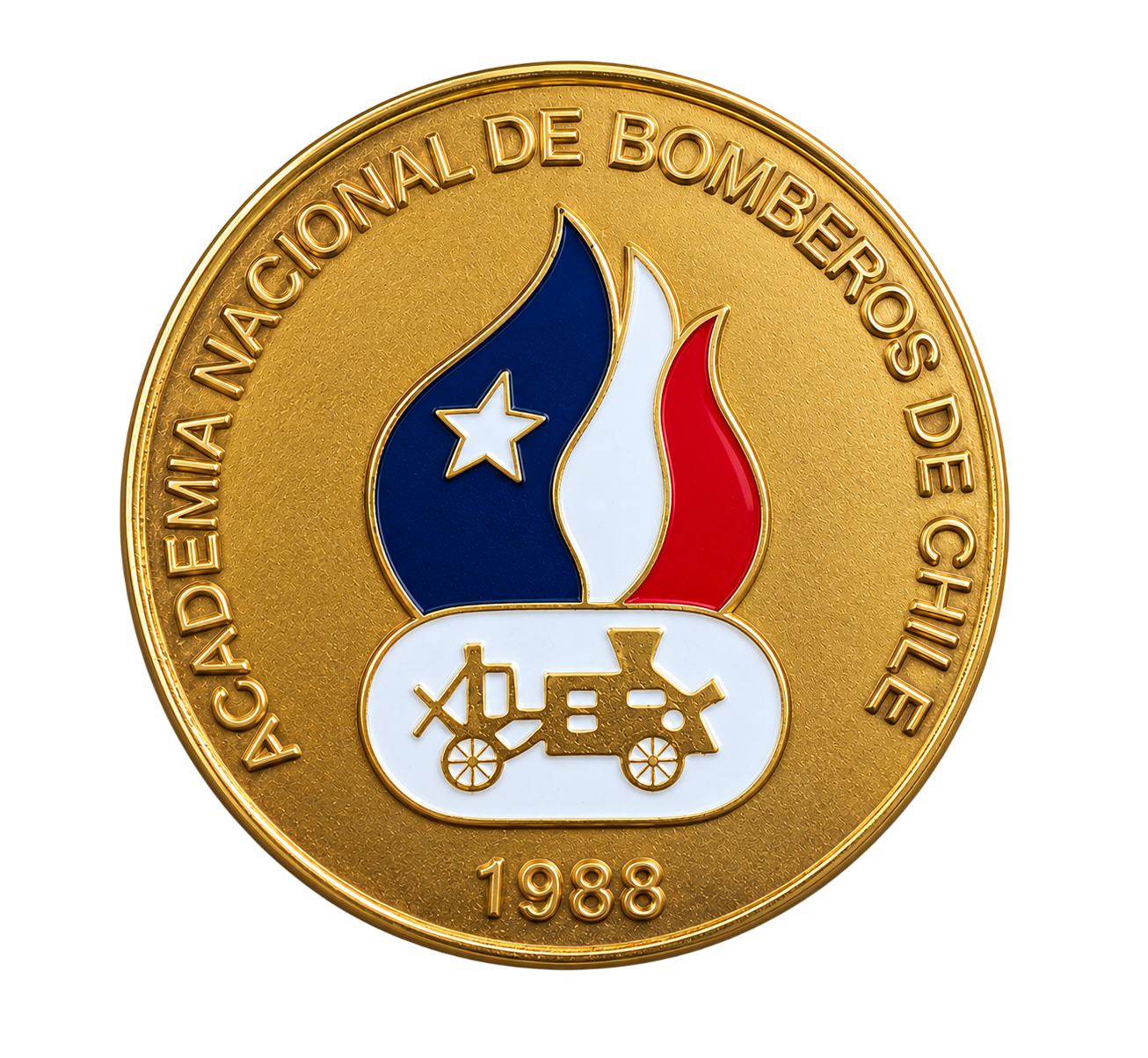 Moneda conmemorativa dorada de la Academia Nacional de Bomberos de Chile, 1988