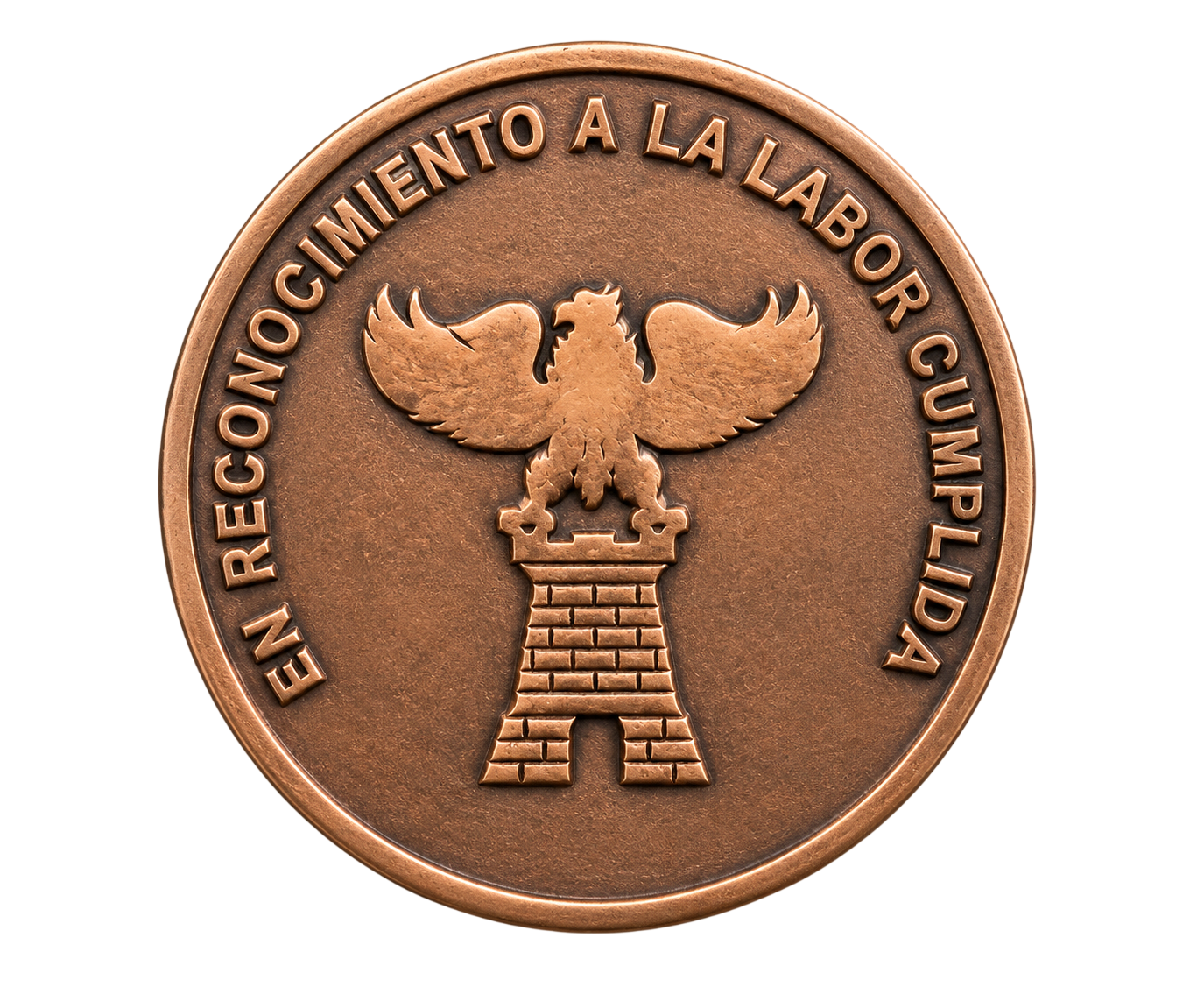 Moneda de bronce con cóndor y la frase En reconocimiento a la labor cumplida