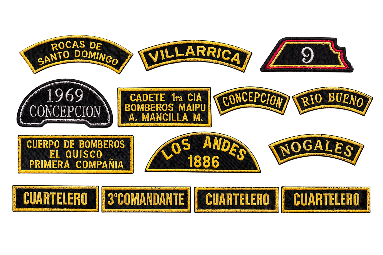 Parches bordados para bomberos: nombres de compañías, comunas y cargos como Cuartelero y Comandante, en dorado sobre negro