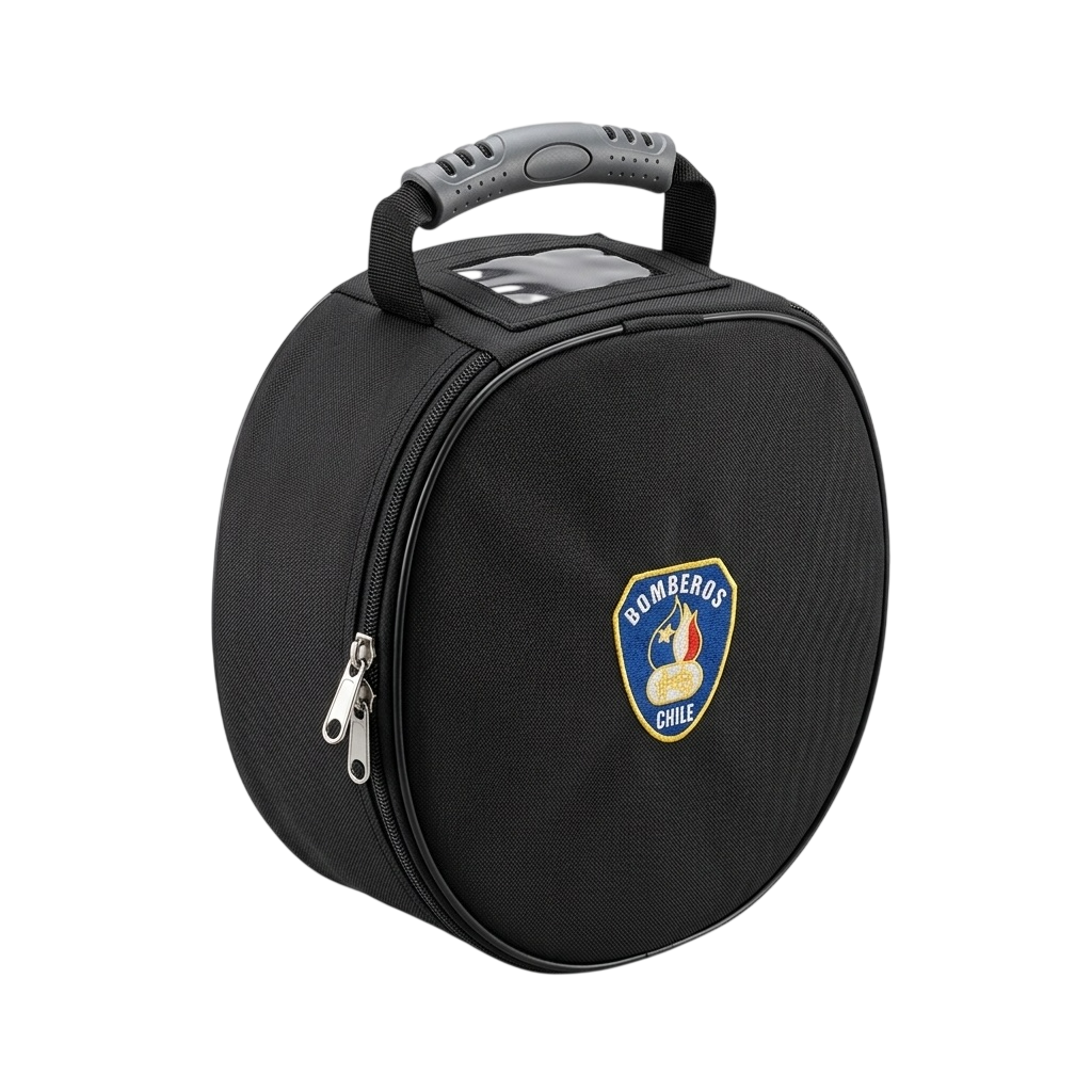 Estuche portagorra negro con asa y escudo de bomberos bordado, para proteger gorras institucionales