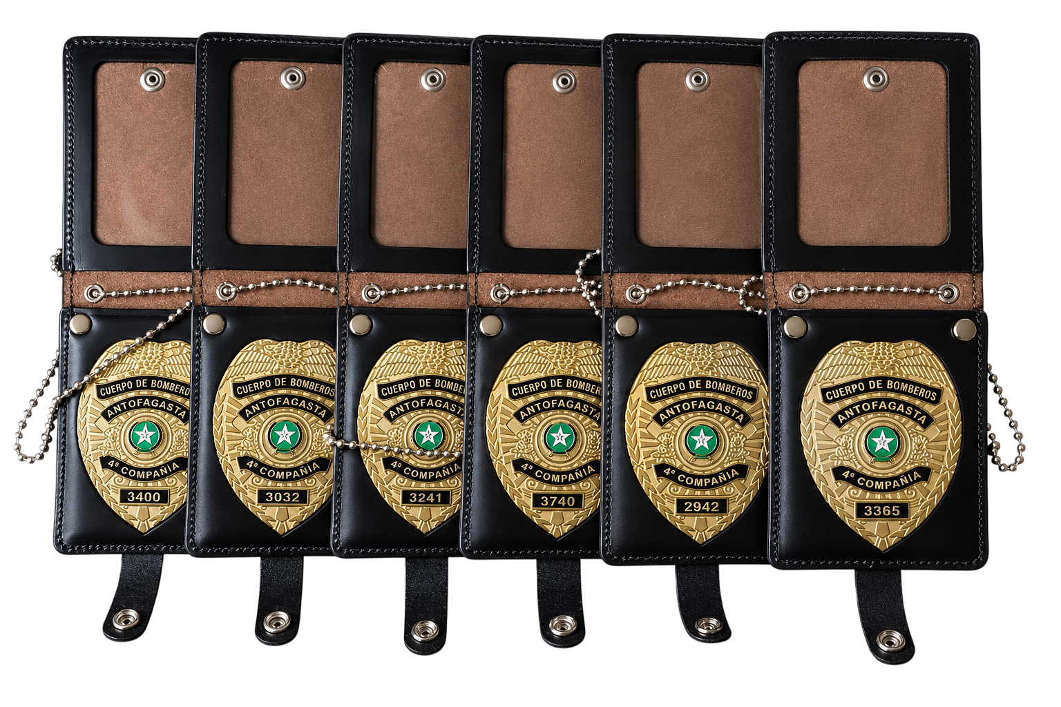 Portaplacas de cuero para bomberos con placa dorada, set de seis unidades