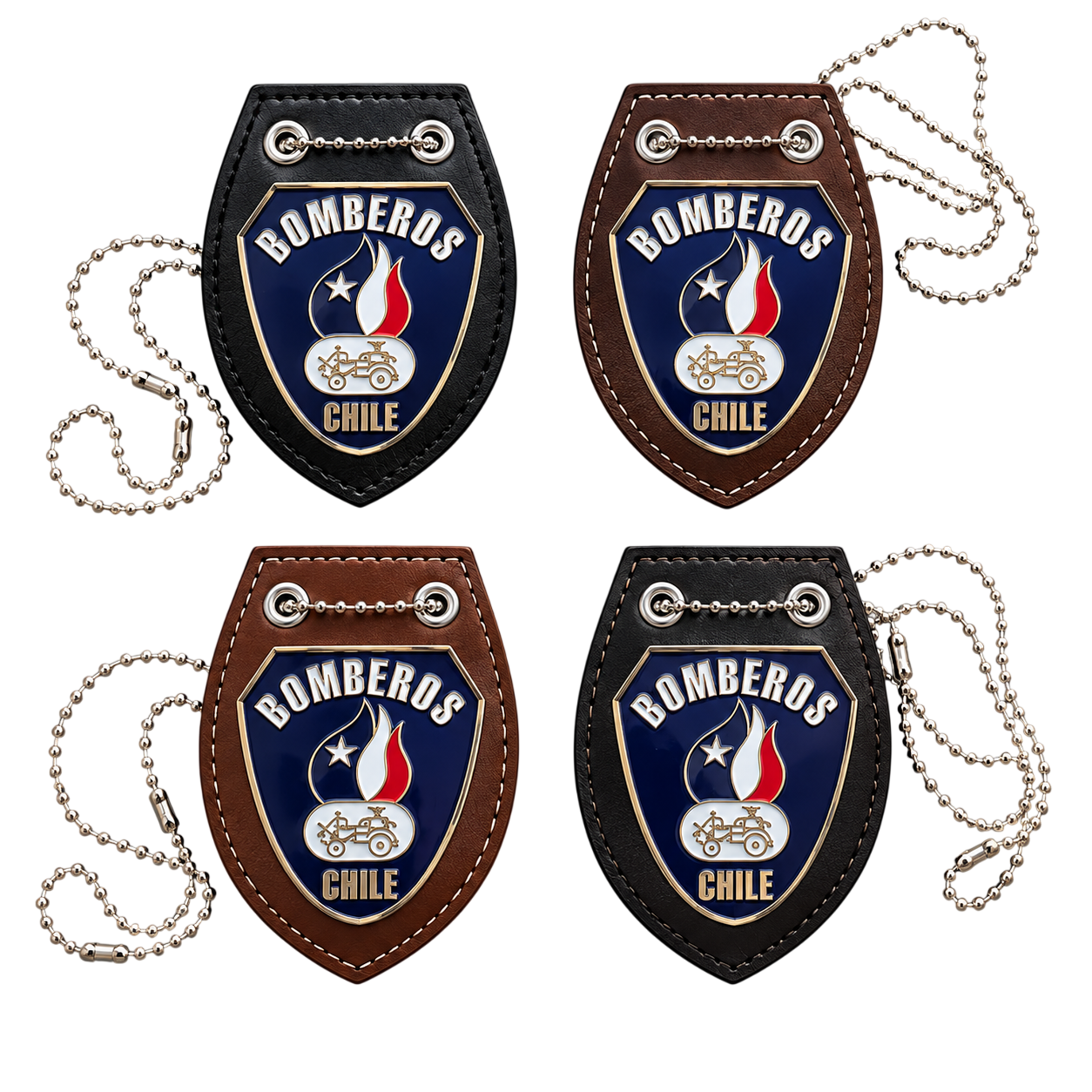 Portaplacas y porta credencial de cuero negro y café con placa Bomberos de Chile y colgante