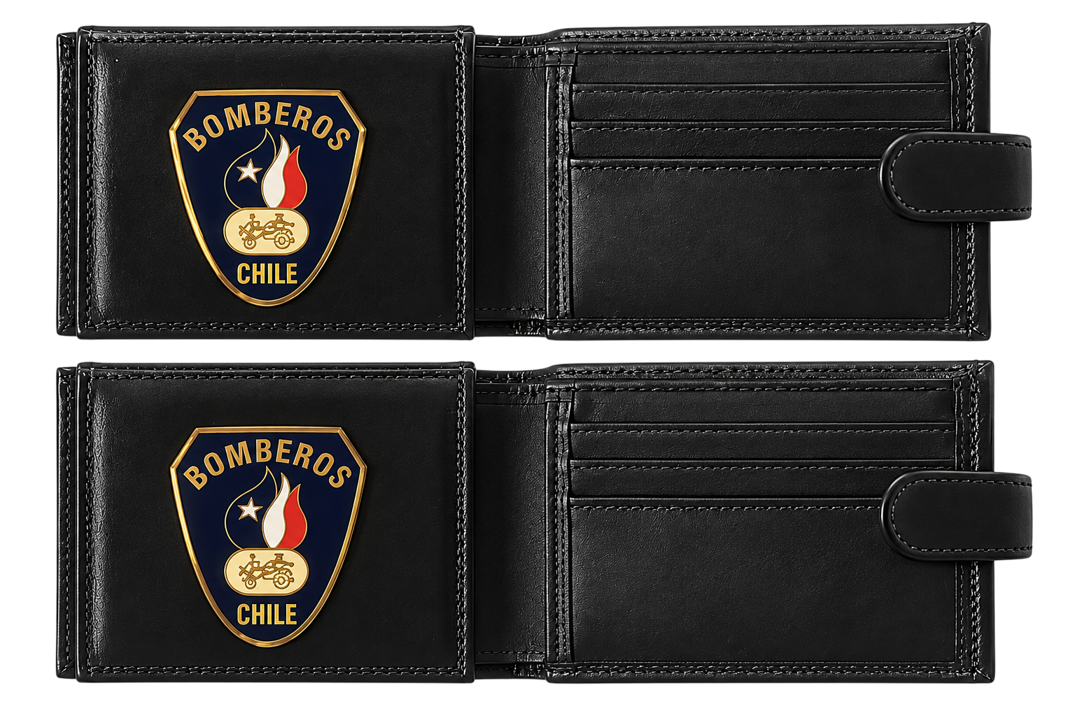 Billetera de cuero negro con placa de bomberos