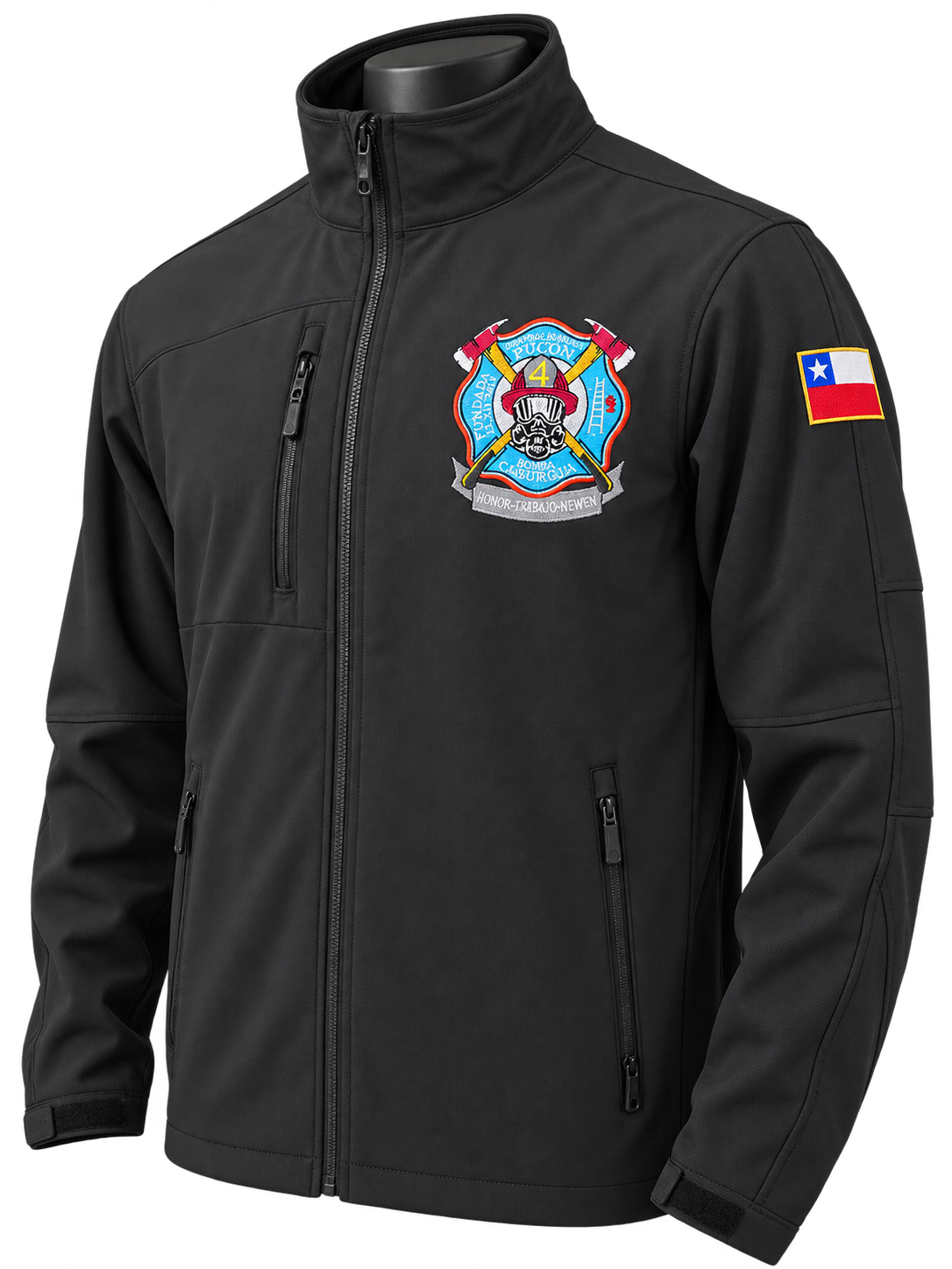 Chaqueta softshell negra para bomberos con escudo bordado y bandera de Chile en la manga