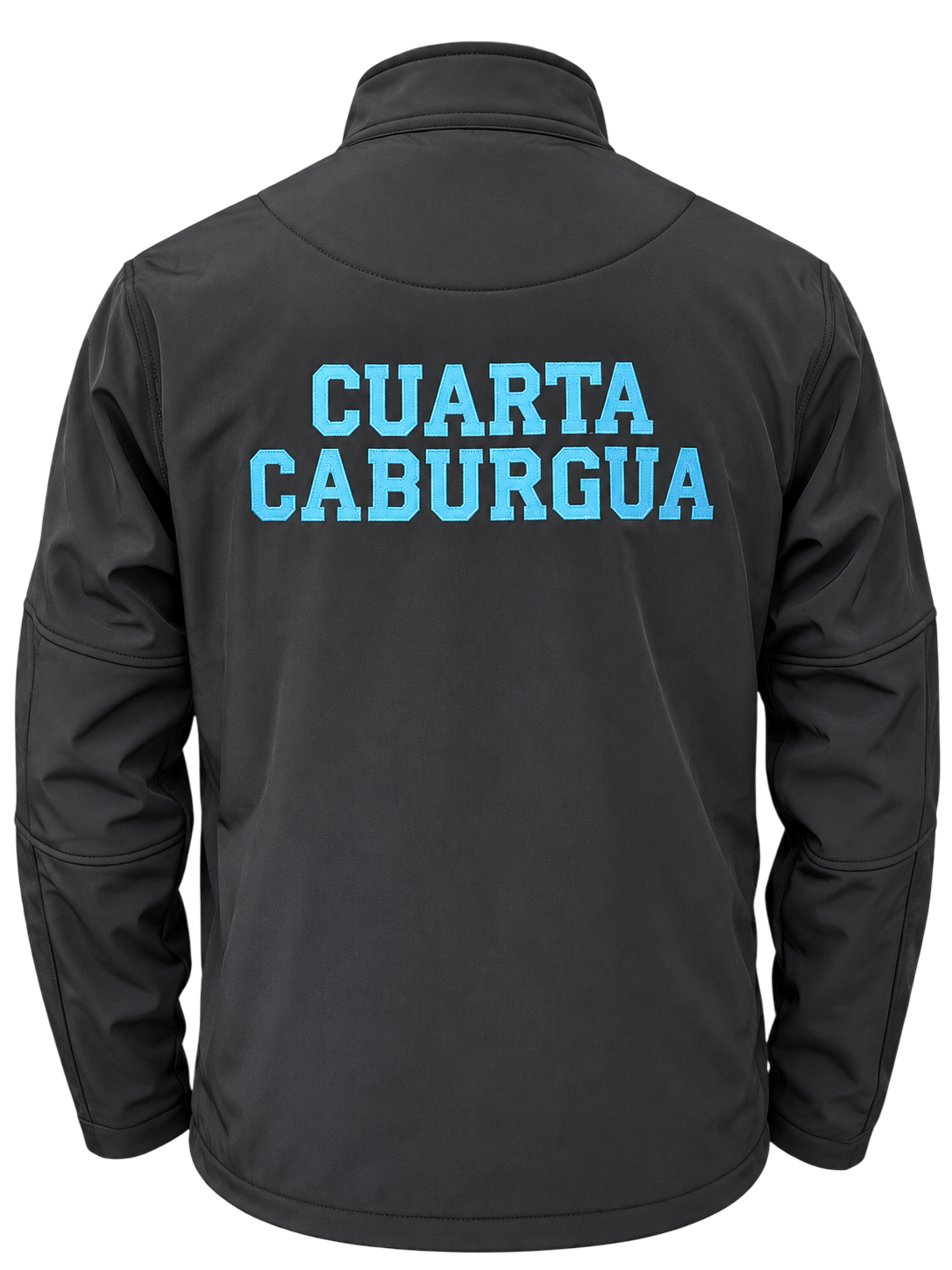 Chaqueta softshell negra para bomberos con nombre de la compañía bordado en la espalda