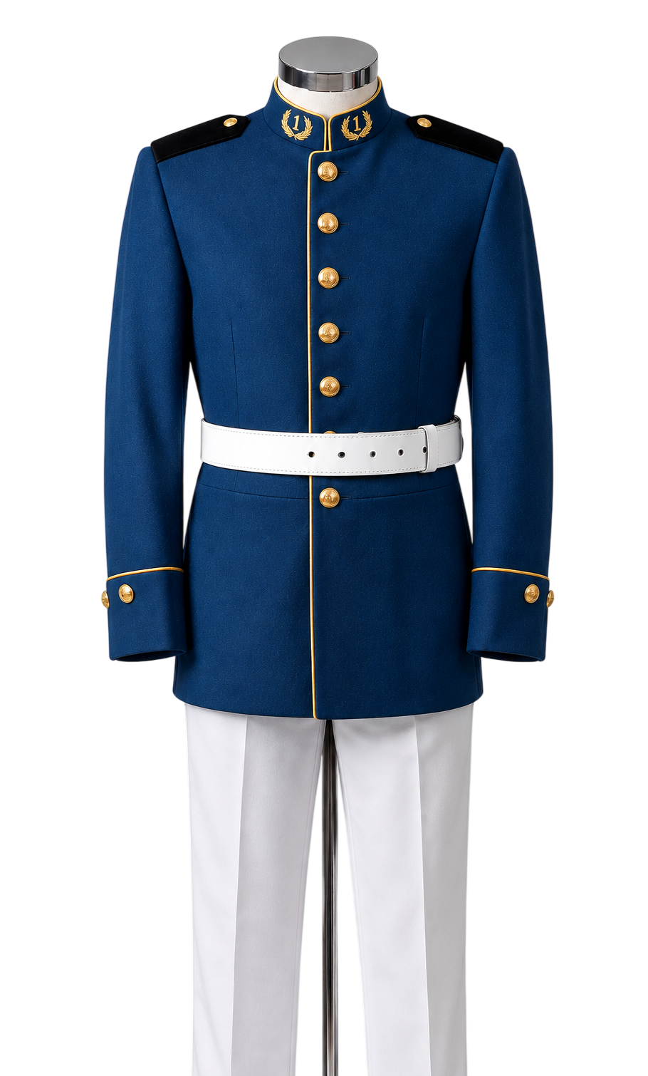 Uniforme de gala para bombero hombre, guerrera azul prusiano con botones dorados, cinturón y pantalón blancos