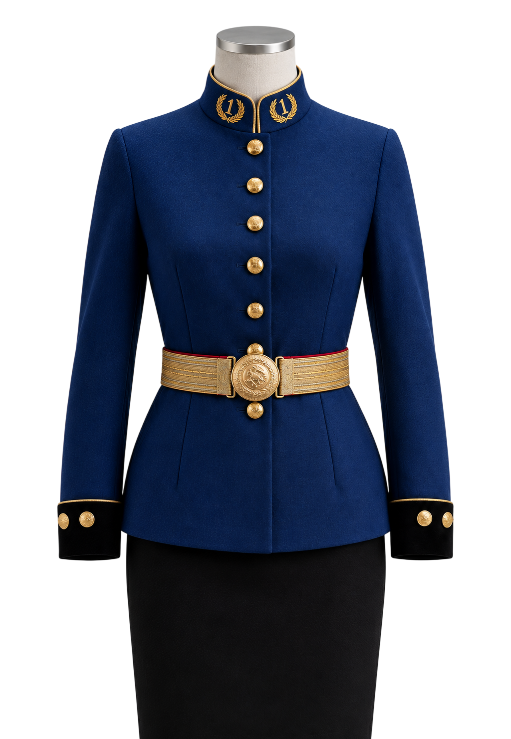 Uniforme de gala para bombera mujer, chaqueta azul con botones dorados, cinturón dorado y falda negra