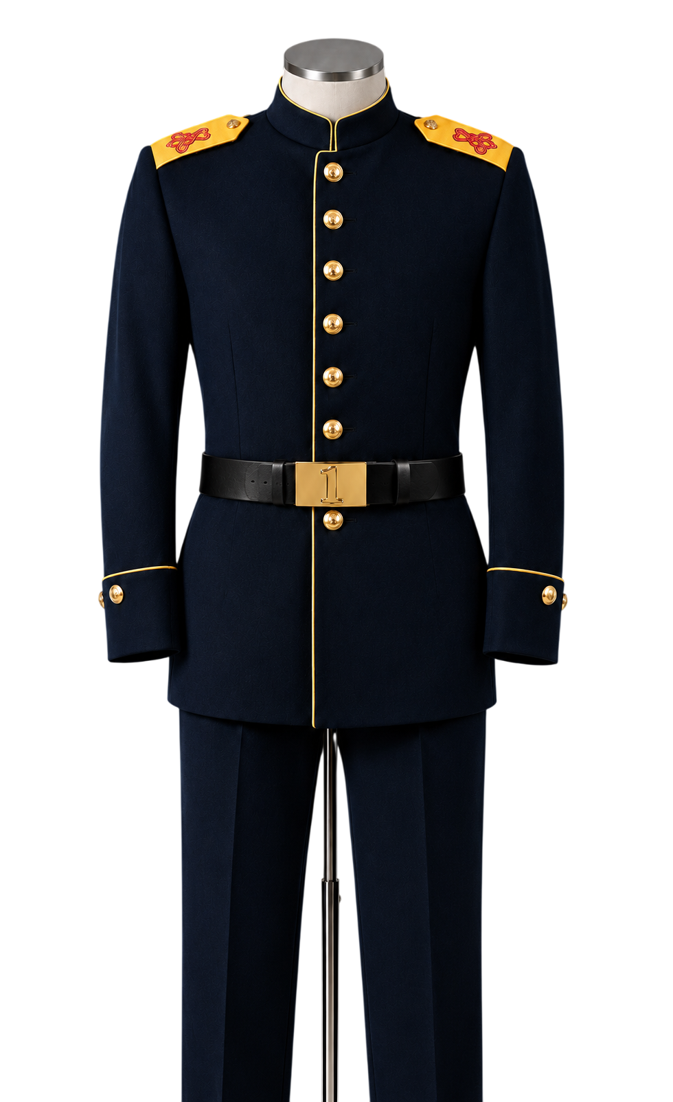 Uniforme de gala para bombero, guerrera azul marino con botones dorados, cinturón negro y pantalón azul marino