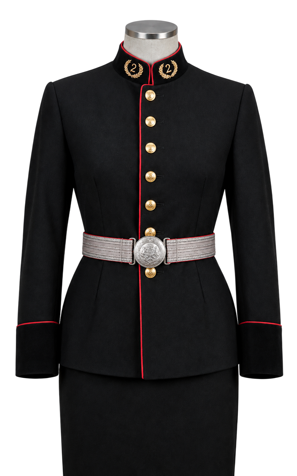 Uniforme de gala para bombera mujer, chaqueta negra con botones dorados, cinturón plateado y falda negra