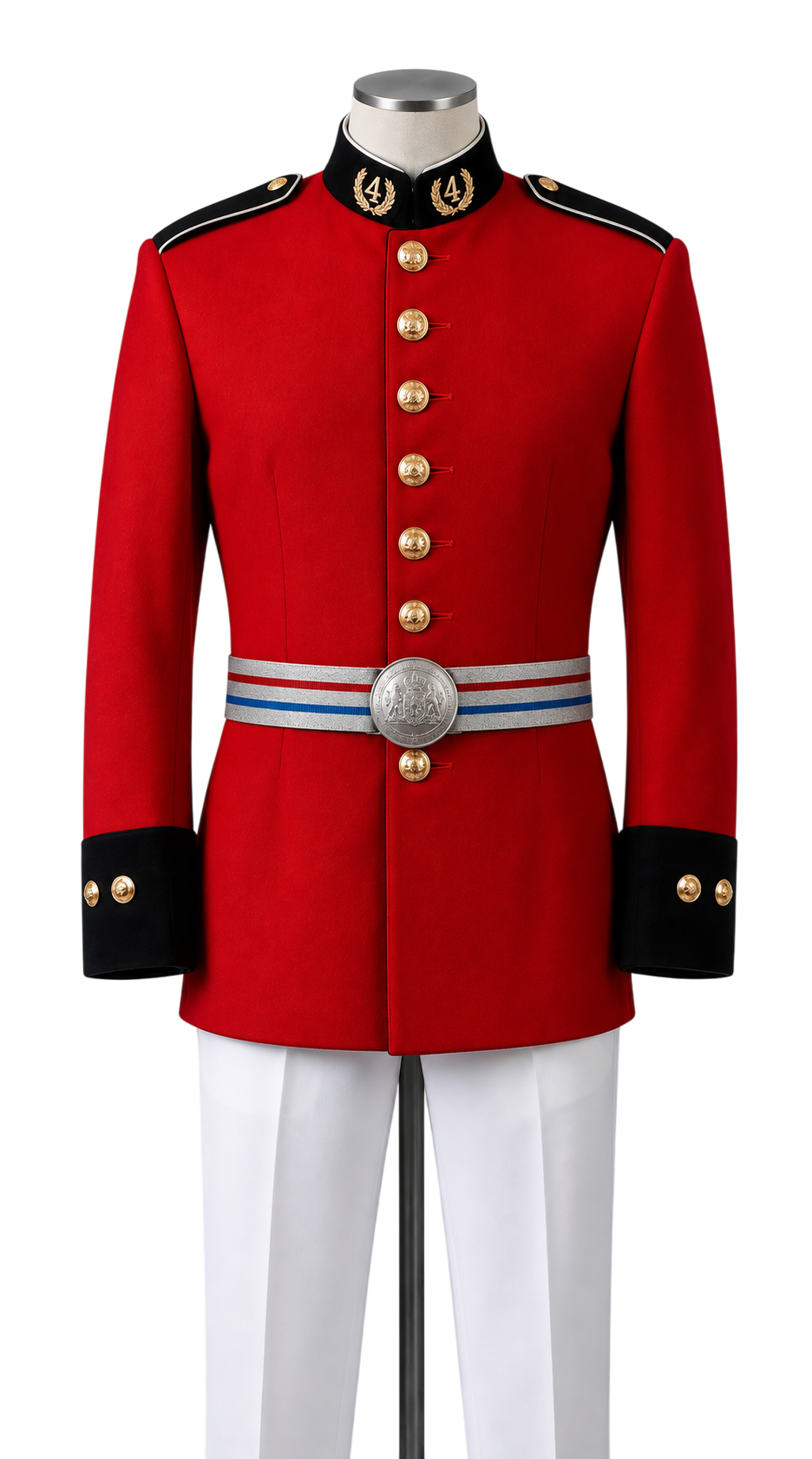 Uniforme de gala para bombero hombre, guerrera roja con botones dorados, cinturón plateado y pantalón blanco