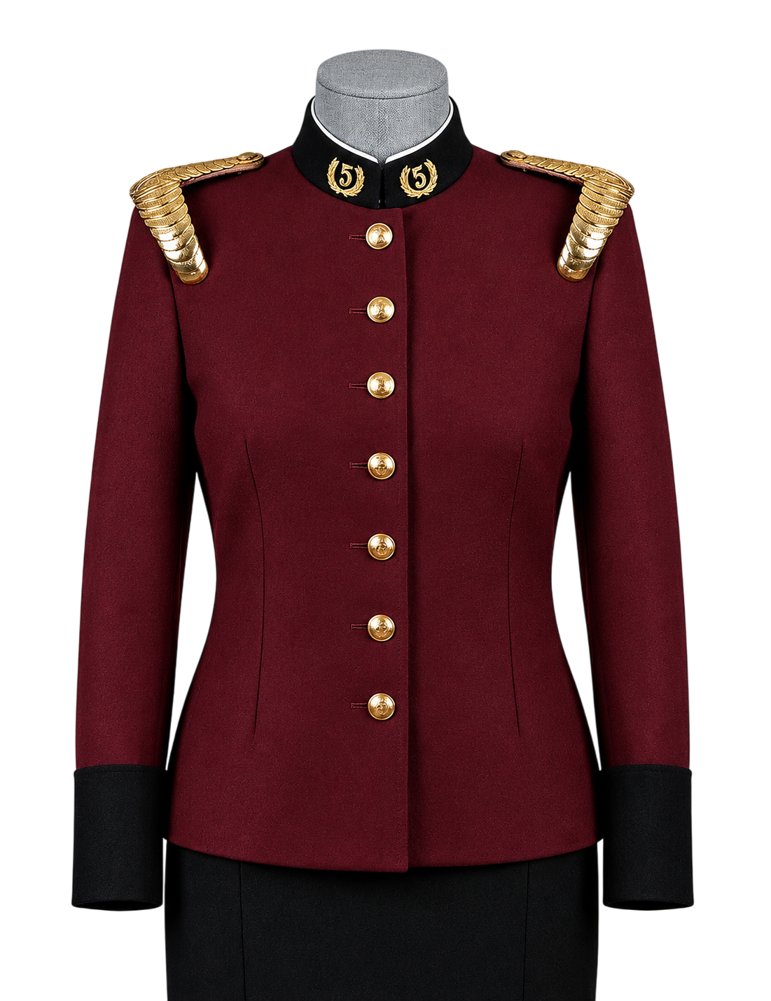 Uniforme de gala para bombera mujer, chaqueta burdeo con botones dorados, charreteras doradas y falda negra