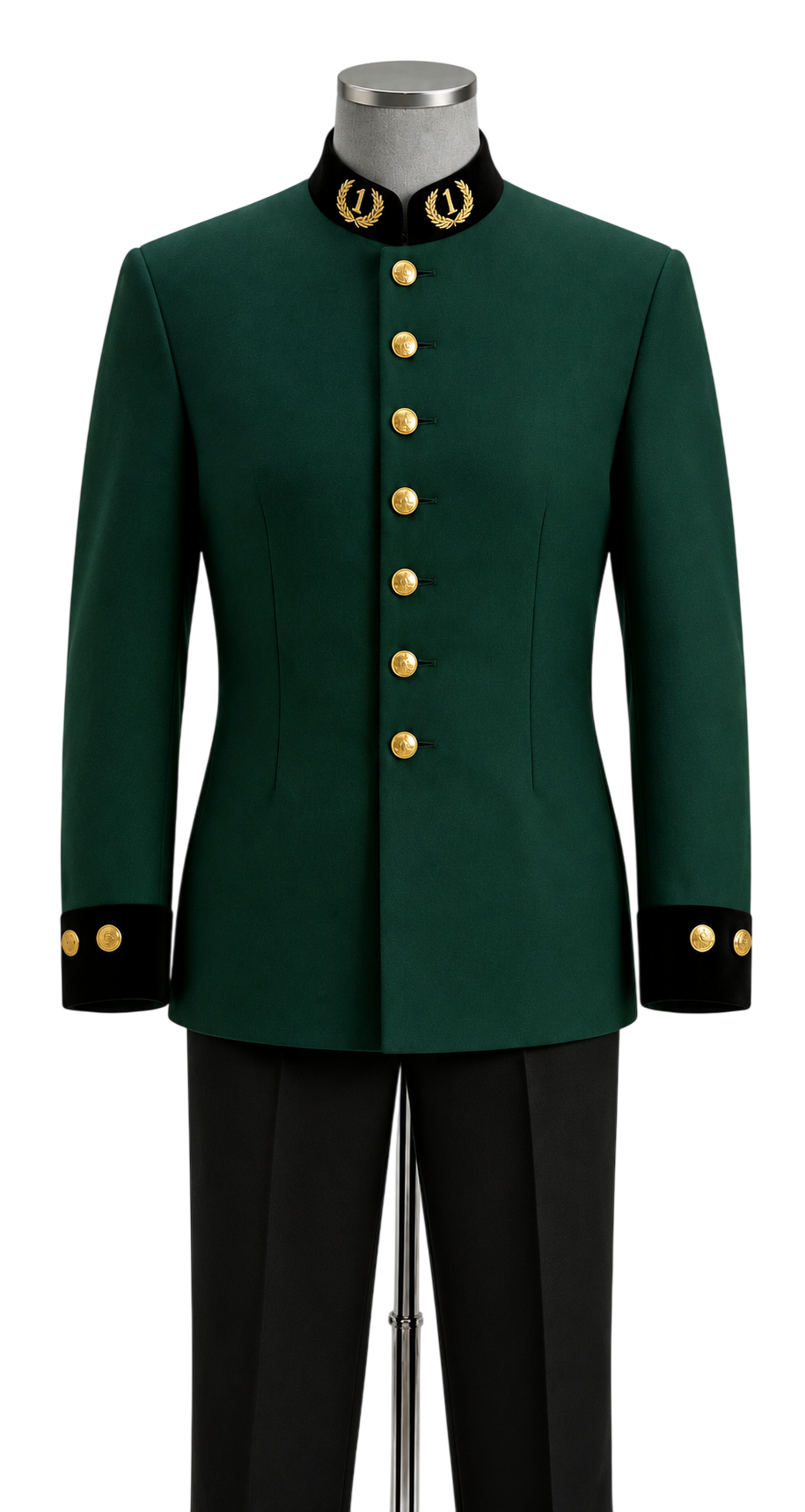 Uniforme de gala para bombero hombre, guerrera verde con botones dorados y pantalón negro