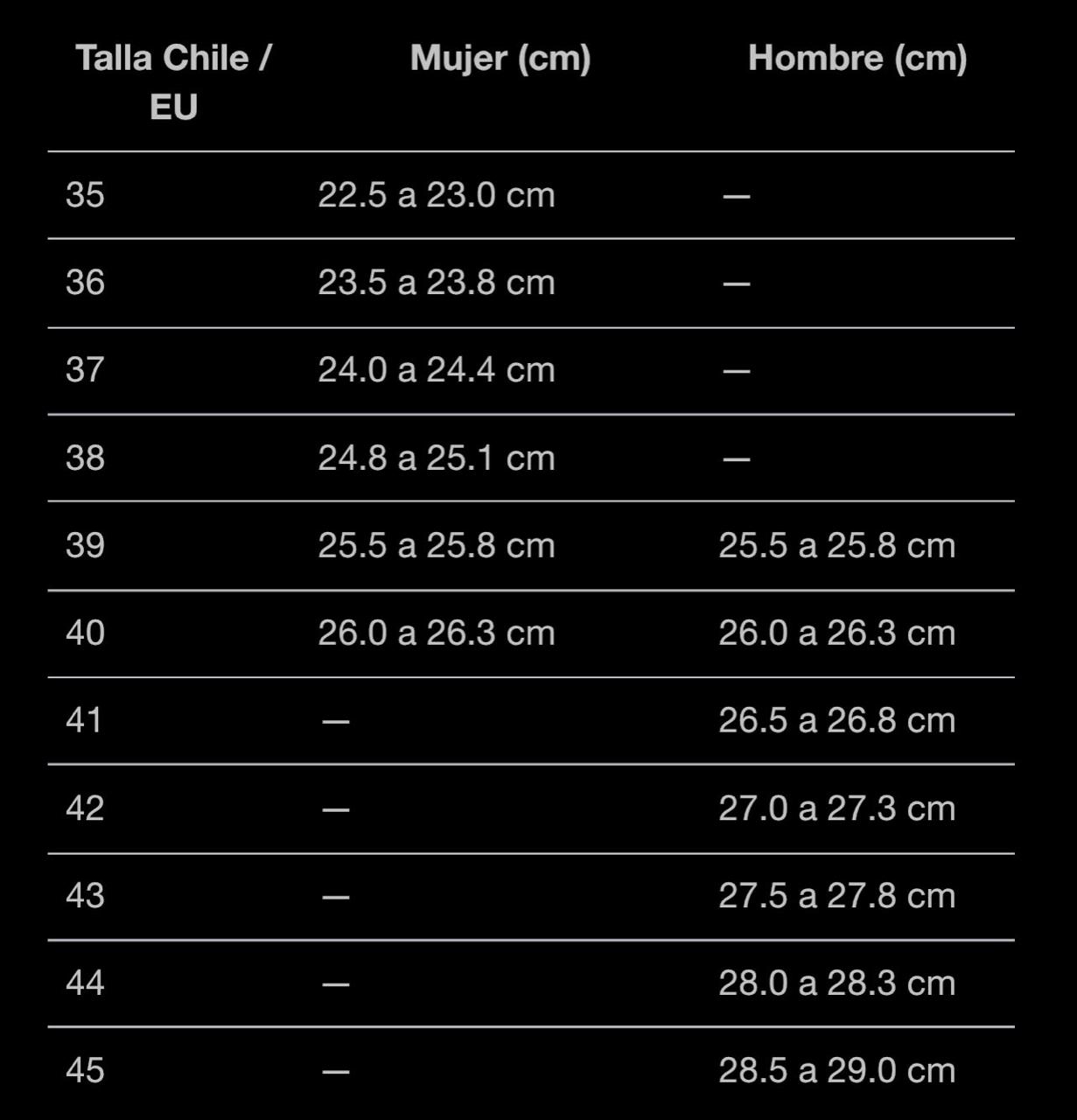 Tabla de tallas de zapatos de cuero para bomberos, tallas Chile 35 a 45 en centímetros